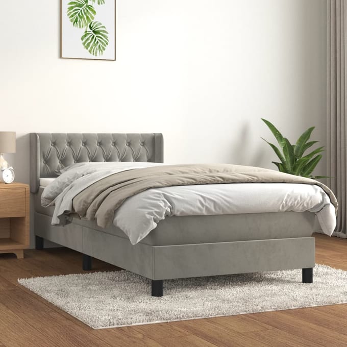vidaXL - Boxspring - met - matras - fluweel - lichtgrijs - 90x200 - cm