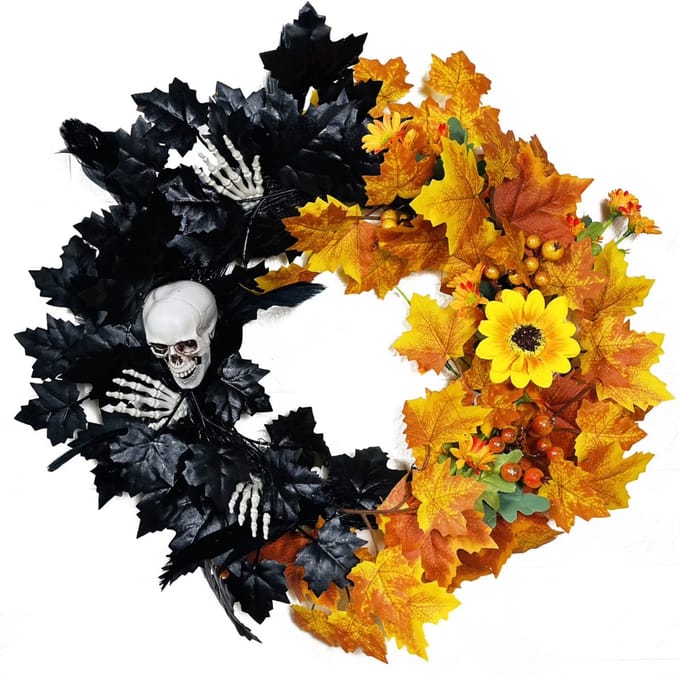 Halloween Krans - Kunstmatig - 45cm - Verlicht, Schedels/Handbotten/Bladeren