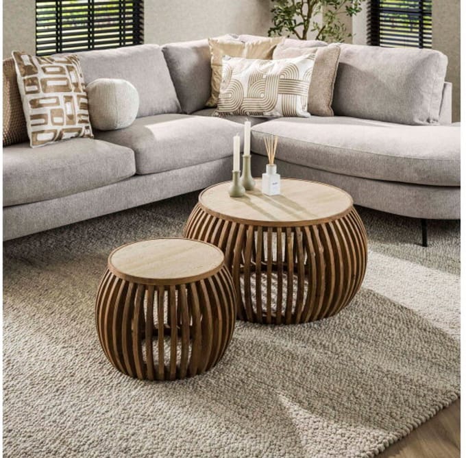 Salontafel Nuovo Curve set van 2 travertin keramiek - Beige