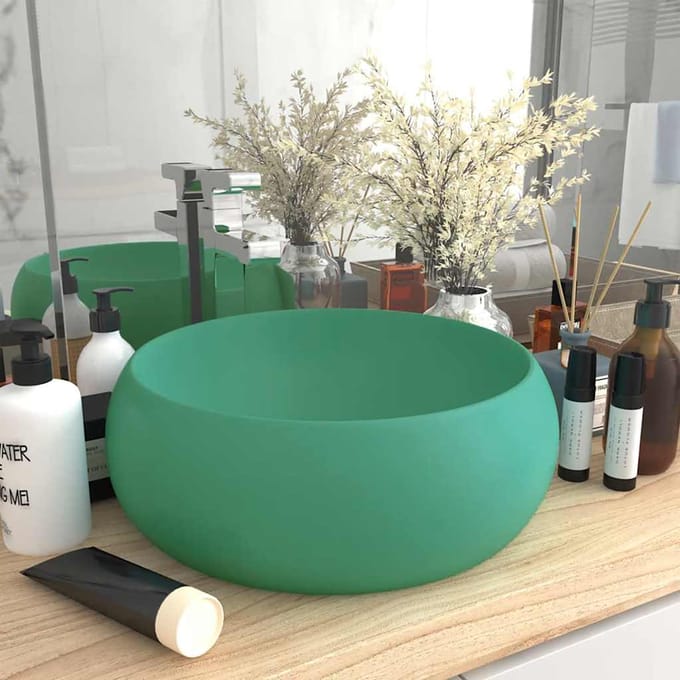 vidaXL - Wastafel - rond - 40x15 - cm - keramiek - mat - lichtgroen