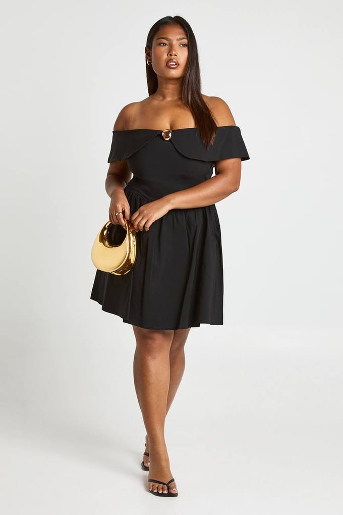 boohoo Dames Plus Gouden Rand Bardot Skater | Zwart | Maat: 56
