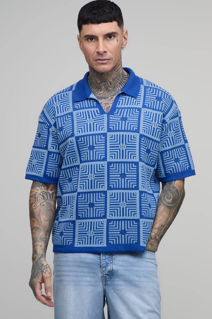 Tall Oversized Boxy Crochet Tapestry Knitted Polo T-Shirt | Blue | Size Small