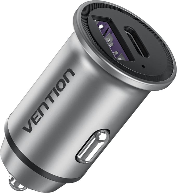 Vention Two-Port USB A+C(18/20) Car Charger Gray Mini Style Aluminium Alloy Type