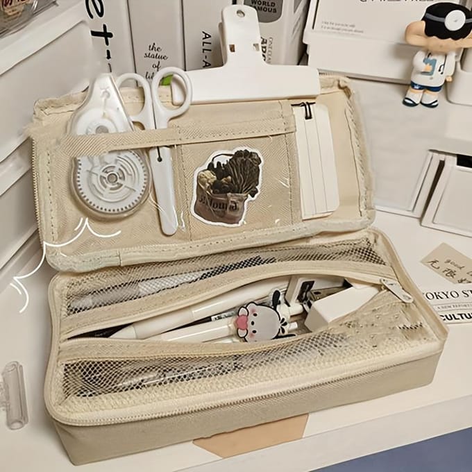 1 Stuks Eenvoudige Pennenhouder met Grote Capaciteit Koreaanse Creatieve Multifunctionele Etui voor Middelbare Scholieren Make-uptas 1pc beige
