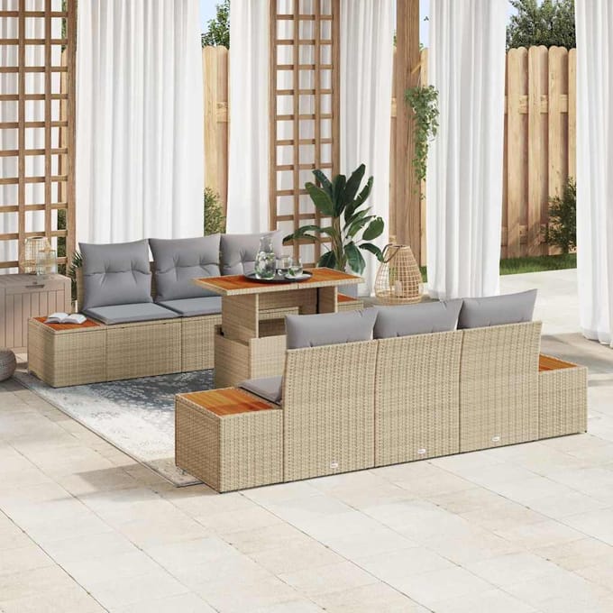 vidaXL Tuin Eettafel Set met kussen 7 pcs Beige en Grijs
