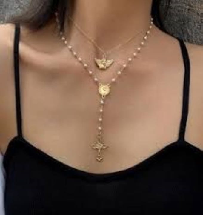 Ketting met kruisje en medaille en duif goudkleur 50cm