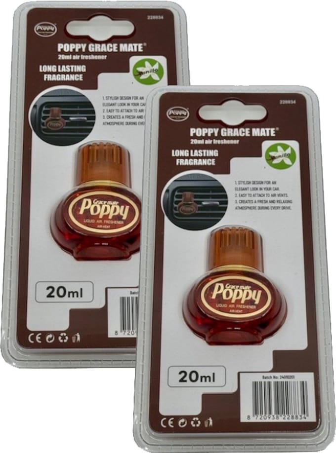 Mini Poppy Grace Mate – Vent Clip Auto Luchtverfrisser – Vanille – 20 ml – Set van 2 stuks