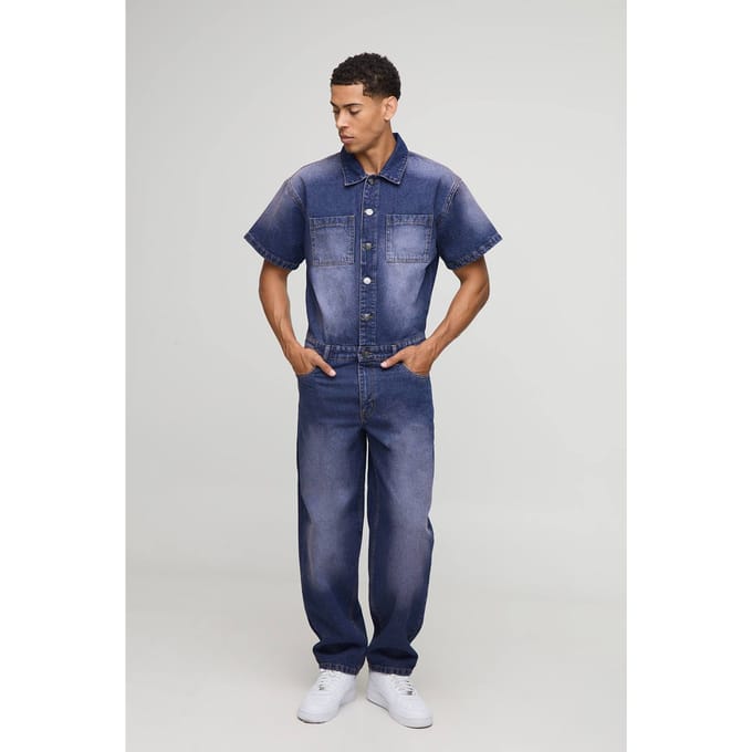 Short Sleeve Relaxed Tinted Denim Boilersuit | Pink | Size Medium