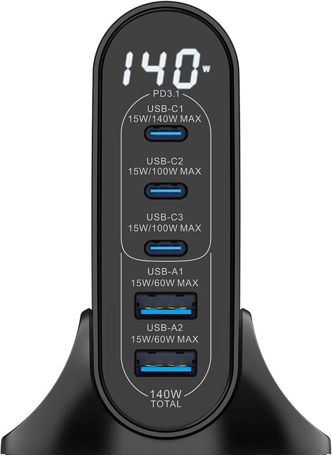 Rixus RX140 GaN Power Adapter With Digital Display 140W Black