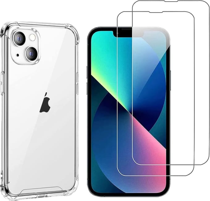 Hoesje voor iPhone 14 Plus backcover Shockproof siliconen Transparant en 2 stuks Screenprotector Gehard Glas