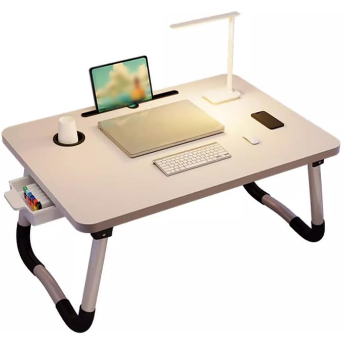 Laptop Bed Bureau Opvouwbaar Draagbaar Bedtafel Dienblad Standaard met Bekerhouder Lade voor Bank Vloer beige
