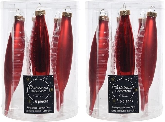 Decoris kerstbal pegels - 12x - rood - D15 cm - glas - kersthangers - ijspegels - kerstversiering