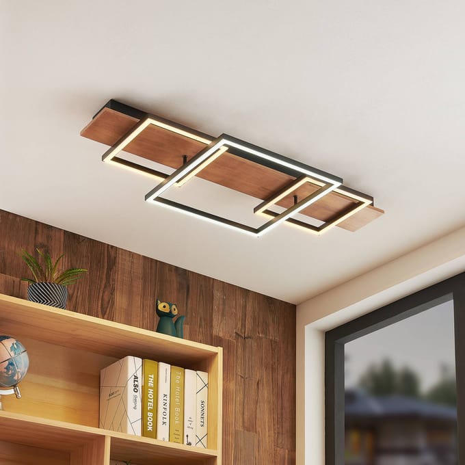 Lucande LED plafondlamp Chariska, 95cm, zwart, hout, CCT