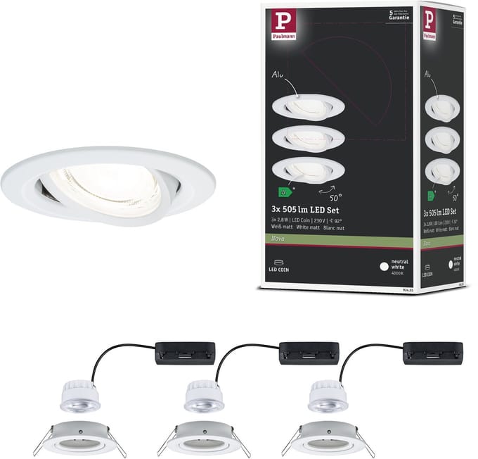 LED-inbouwlamp Nova Coin Set van 3 rond 84 mm 50° 3x2,8W 3x505lm 230V 4000K Wit mat