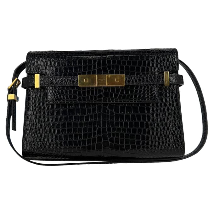 Saint Laurent Croco Gegraveerde Manhattan Schoudertas in Zwart Leer