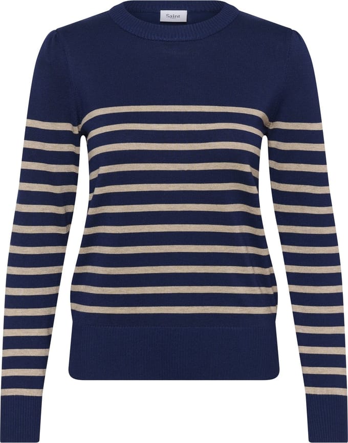 Saint Tropez MilaSZ LS Striped Pullover Dames Trui - Navy Peony Greige Stripe