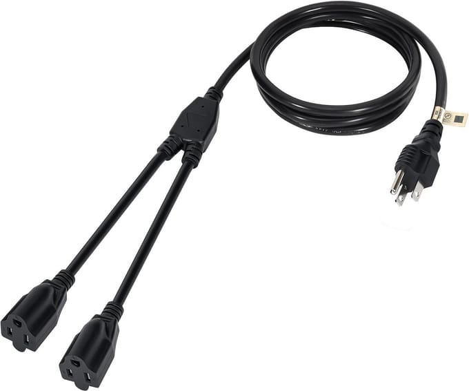 2-weg netsnoer splitskabel – 1,8 meter – 3-polig – 1 naar 2 – UL-gecertificeerd – 16 AWG – 13A 125V – zwart
