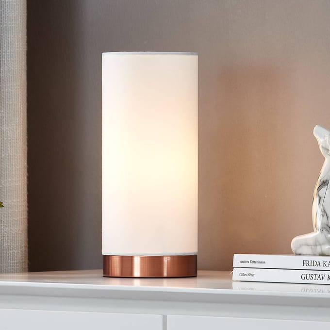 Lindby - Tafellamp- met dimmer - 1licht - stof, metaal - H: 26 cm - E14 - wit, gesatineerd koper