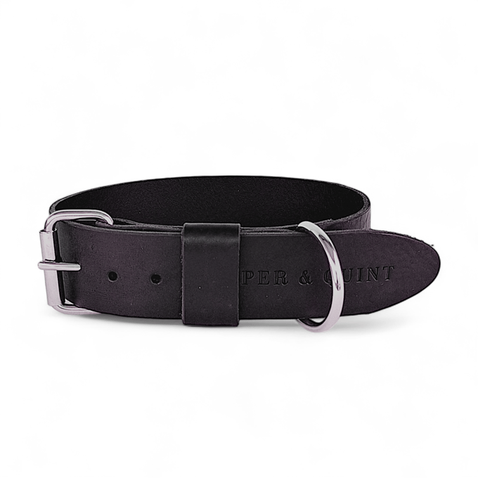Cooper & Quint Bold Brede Leren Halsband - Zwart - Medium - 4 cm - Zilver