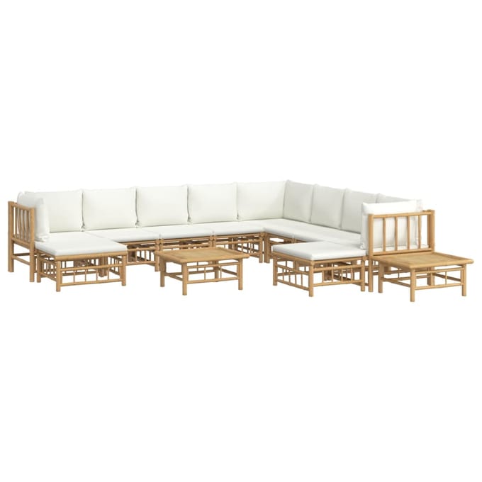 vidaXL - 12-delige - Loungeset - met - kussens - bamboe - crèmewit
