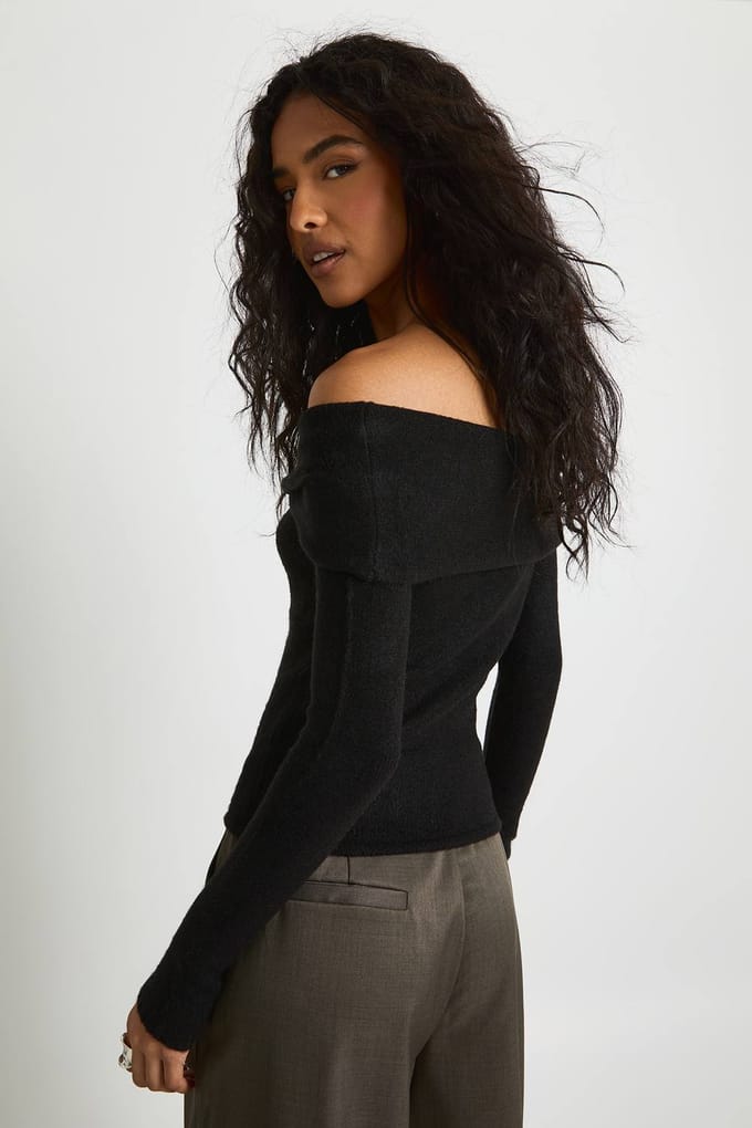boohoo Dames Twist Front Bardot Jumper | Black | Maat: Medium