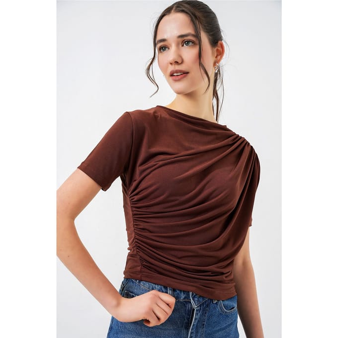 Fitted Blouse met Rimpeldetail en Ronde Hals