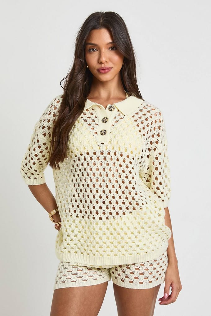 boohoo Dames Gehaakte Oversized Gebreide Blouse En Short Set | Creme | Maat: Medium