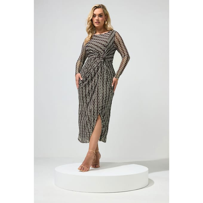 Yours London Chocoladebruine Geometrische Mesh Jurk Met Gedraaide Taille Size 50