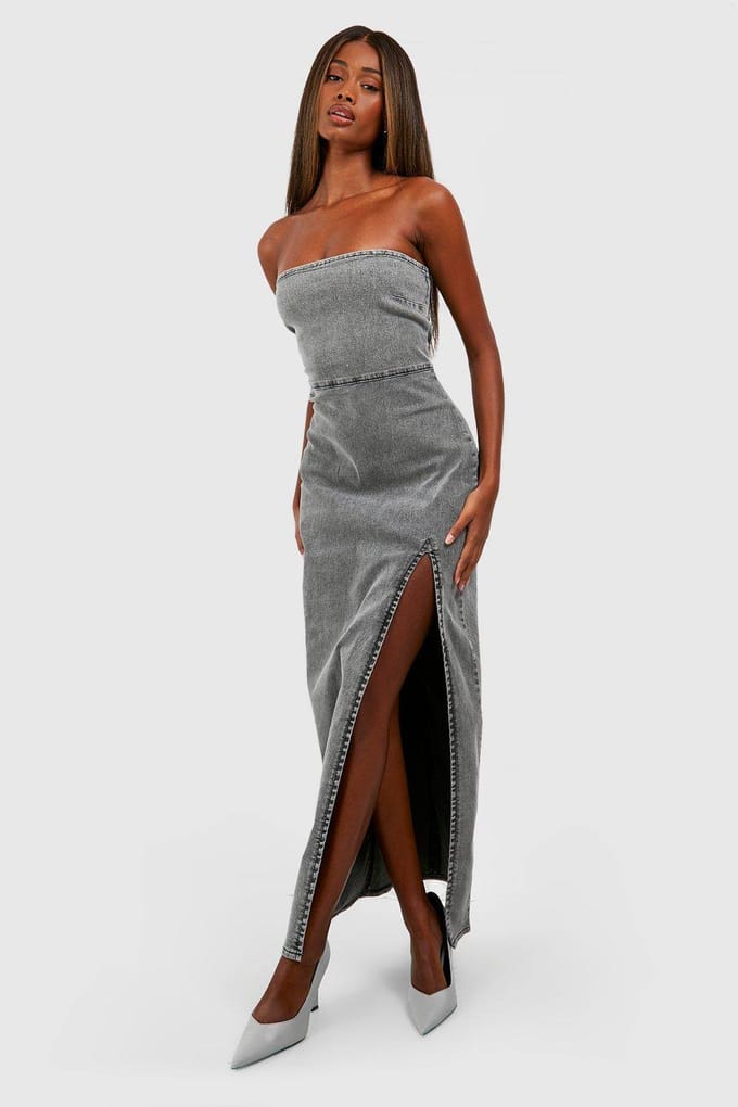boohoo Dames Denim Side Split Bandeau Maxi Jurk | Grijs | Maat: 34