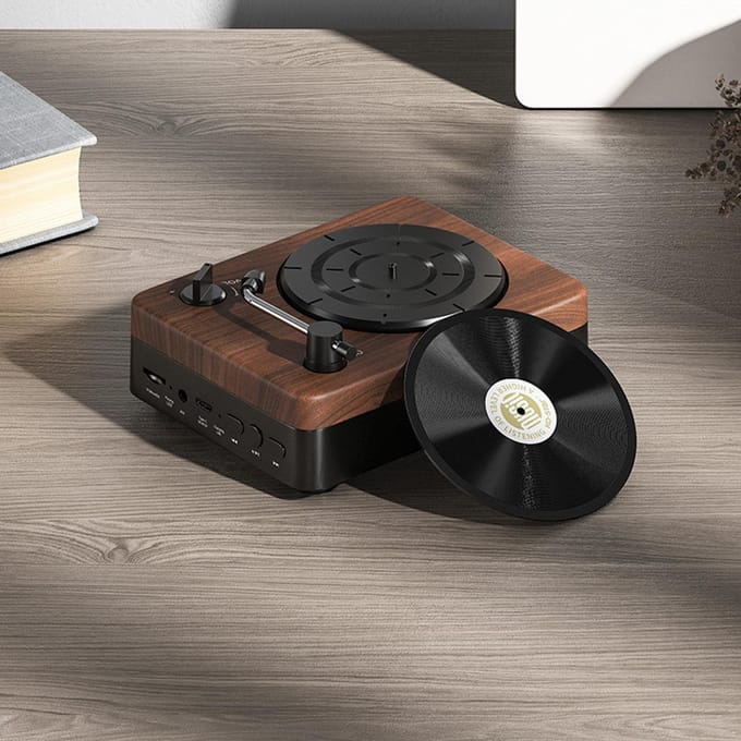 KO-STAR BT5.3 Speaker Playback Draagbare draadloze speaker met vintage platenspeler design AUX koffie