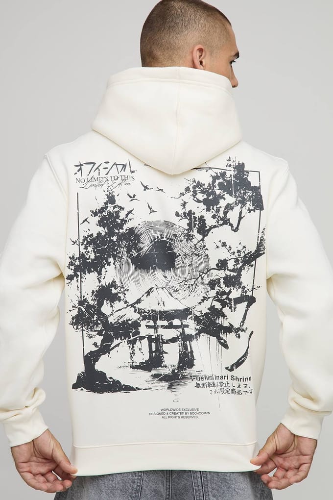 Ecru Regular Fit Stencil Landschap Bedrukte Hoodie | Size Medium