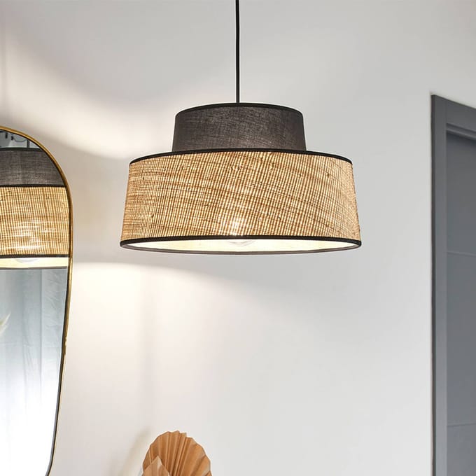 COREP Hanglamp Mallorca, zwart/naturel Ø 38 cm, stof/bast