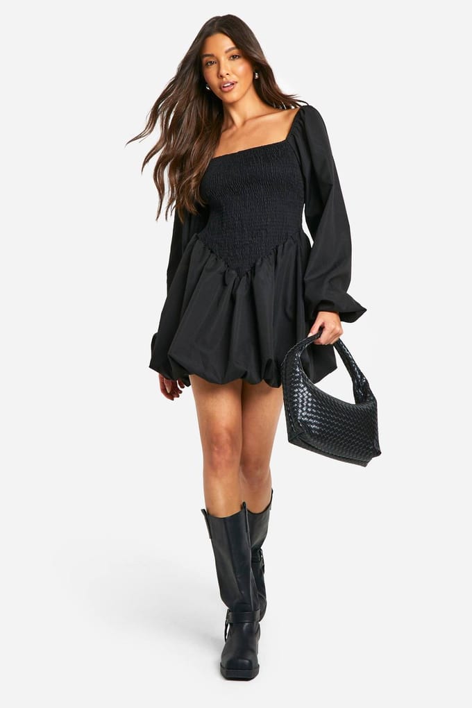boohoo Dames Gerimpelde Lange Mouw Smock Jurk | Zwart | Maat: 36