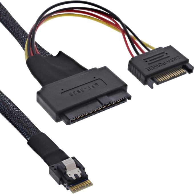 InLine® Slim SAS-kabel, SFF-8654 naar U.2 SFF-8639 + SATA-voeding, 1m