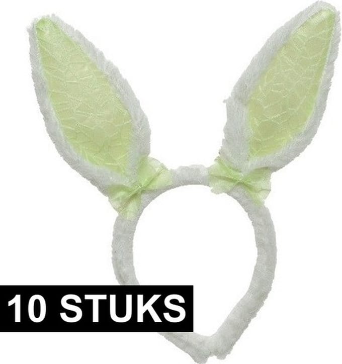 Decoris Konijnoren Diadeem wit groen - 10x - Verkleedaccessoire - Polyester - Unisex - 21,5x24 cm
