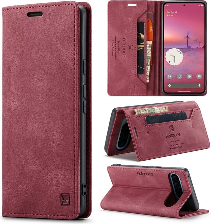 Luxe Flip Case met RFID Bescherming Kaarthouder en Magneetsluiting voor Google Pixel 9 / 9 Pro / 10 /10 Pro _ Wijnrood