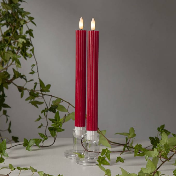 LED kaars "Flame Stripe", set van 2, echte was, natuurlijke vlam, warm wit, rood, batterij, timer, 25 cm