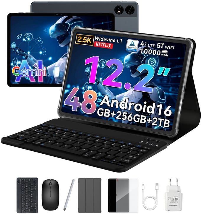 TABWEE T60 - Tablet - 48GB RAM - 256GB ROM - Android 16 - 12.2 inch - 10000mAh - WIFI Tablet - OTG - Grijs