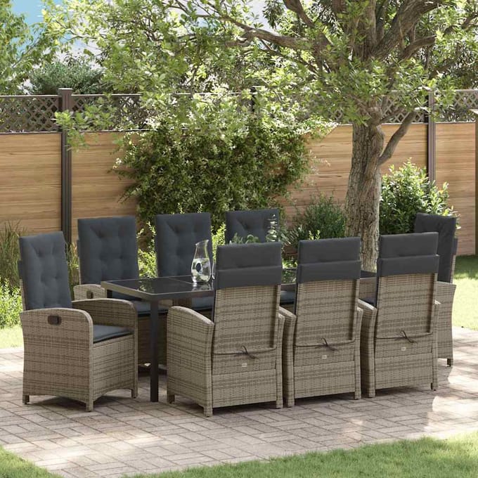 vidaXL - Tuin - Eettafel - Set - 9 - st - Grijs - poly - rattan