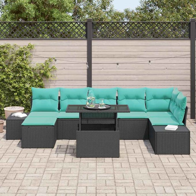vidaXL - Tuinbank - Set - 8 - st - Zwart - en - Blauw - poly - rattan