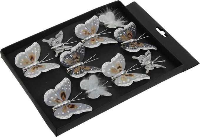 Othmar Decorations vlinders op clip - 10x- grijs/zilver- 5-8 cm - kunststof