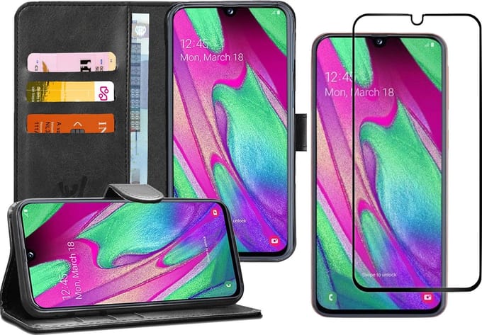 Hoesje geschikt voor Samsung Galaxy A40 - Screen Protector FullGuard - Book Case Kunstleer Pasjeshouder Zwart & Screenprotector