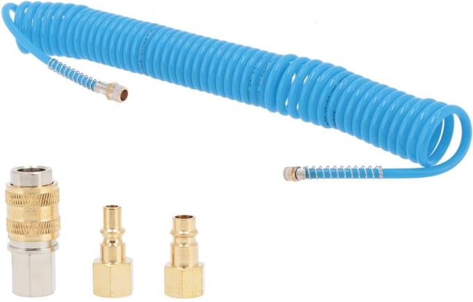 Spiraalslang PU - Persluchtslang Flexibel - Gereedschap Aansluiten - Inclusief Nippels - 7.5 meter - Blauw