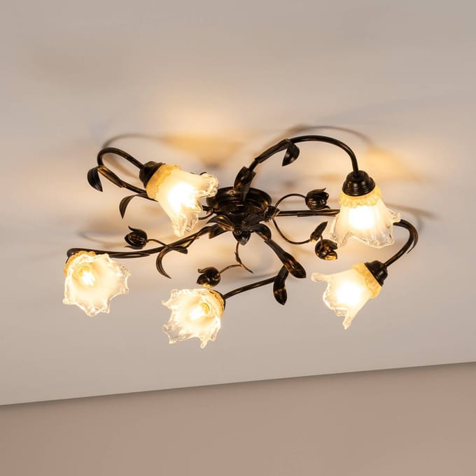 ONLI Arianna plafondlamp, bronskleurig, 5-lamps, ijzer, glas