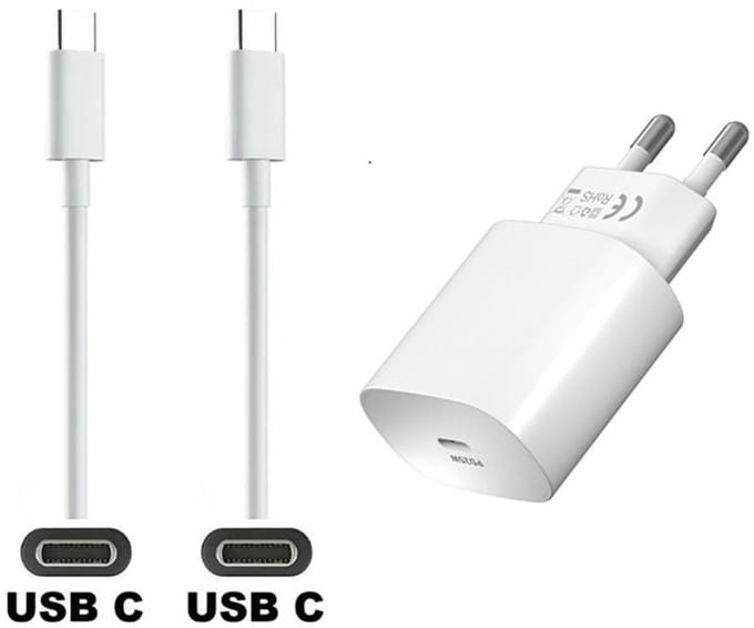OneOne 25W super snellader en screenprotector van glas voor iPhone 15 en iPhone 16. Oplader met sterke 0,5m USB C naar C kabel. Krachtige witte PD PPS lader adapter. Screenprotector past op Apple iPhone 15, iPhone 16