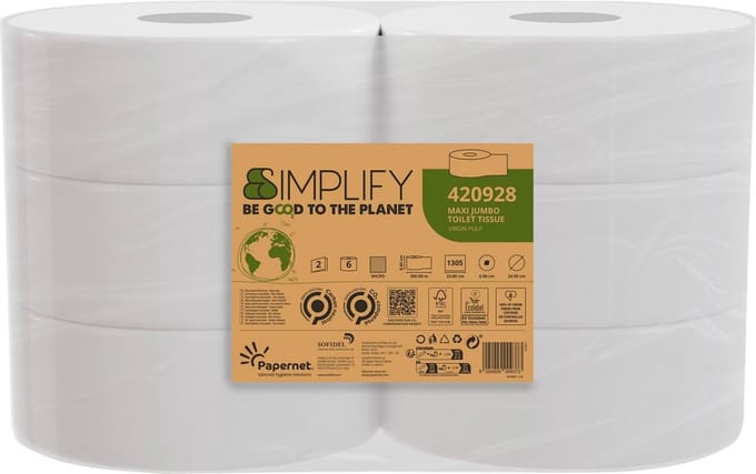 Papernet toiletpapier Simplify Maxi Jumbo | 2-laags | 1305 vellen | pak van 6 rollen