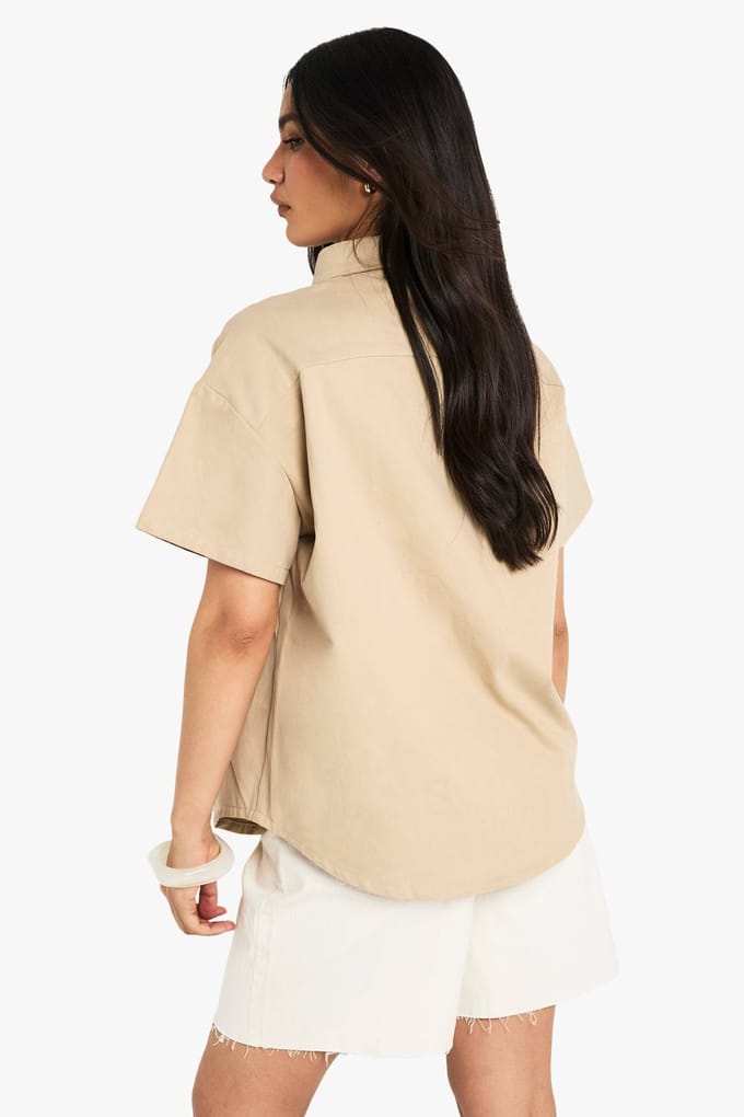 boohoo Dames Twill Korte Mouw Shirt | Stone | Maat: 6