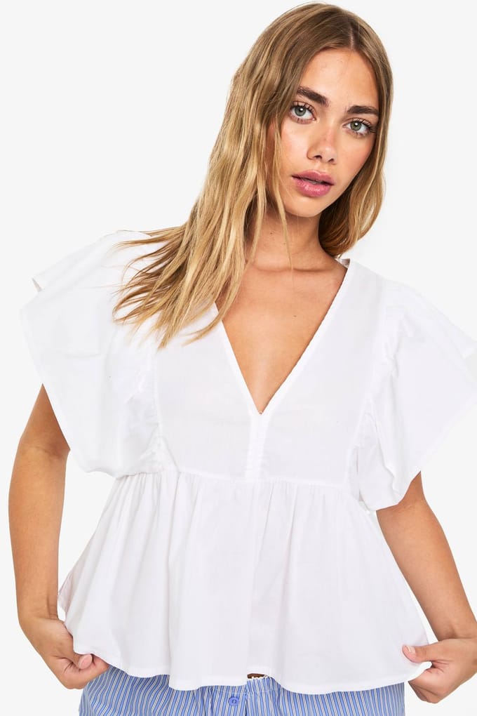 boohoo Dames Gerafelde V-hals smock top | White | Maat: 6