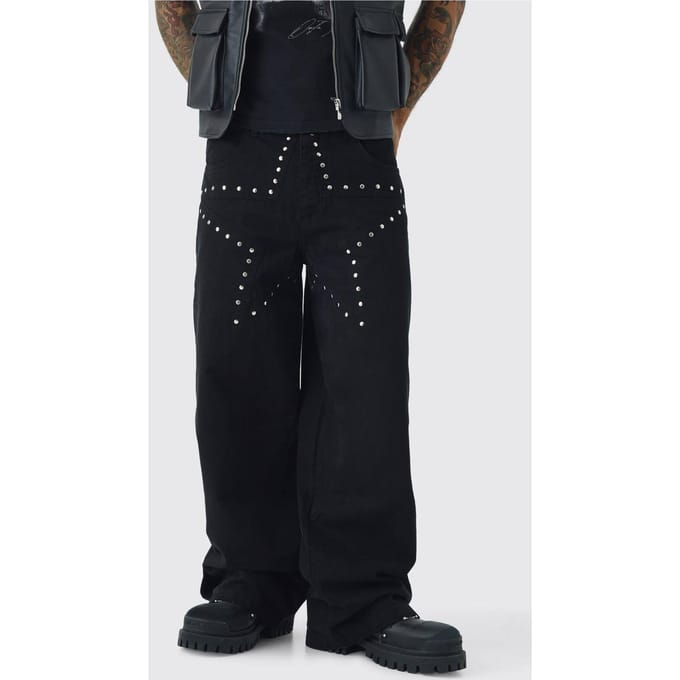 Baggy Fit Rigid Star Studded Jeans | Washed Black | Size 52R