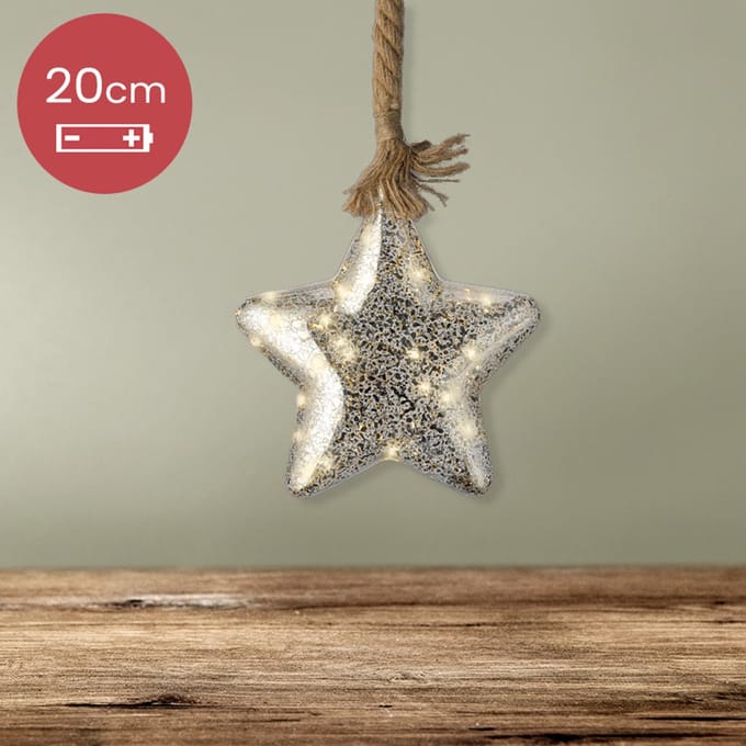 Kerstster met jute touw en 15 LED lampjes - 20cm - Zilver glas